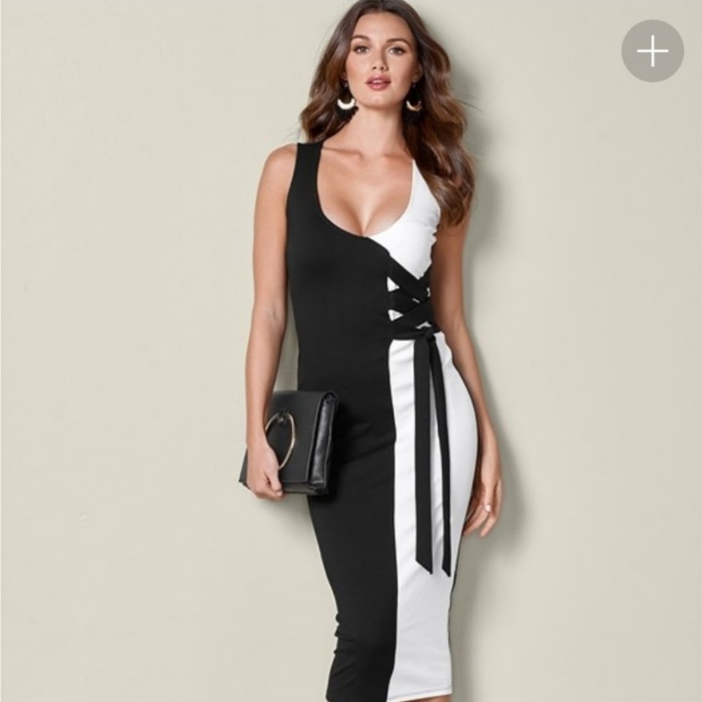 Venus Black and White Dress with a Criss-Cross Tied Waist